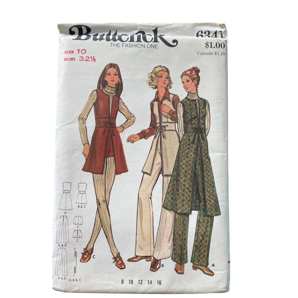 70s Butterick 6341 Sewing Pattern Size 10 Jumper Pants Tunic Retro Mod UNCUT